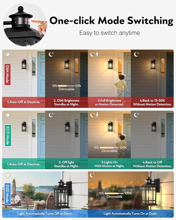 Motion Sensor Outdoor Light Adjustable Sensing Range, 2 Pack Black Dusk to Dawn Exterior Lighting Fixtures with Bubble Glass, Aluminum Anti-Rust Outside Lights for House Garage Doorway Garden