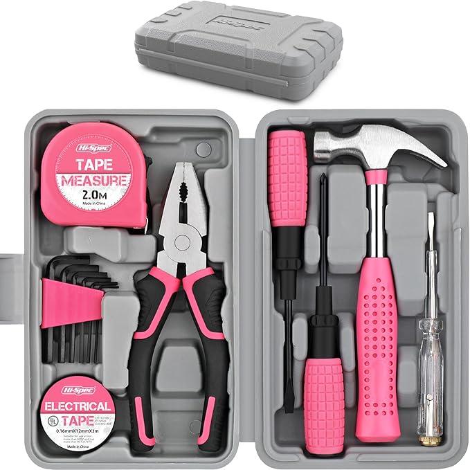 Hi-Spec 13pc Pink Small Compact Womens Ladies Hand Mini Tool Kit Set for Home & Office DIY. Household Basic Repairs in a Portable Toolbox Case