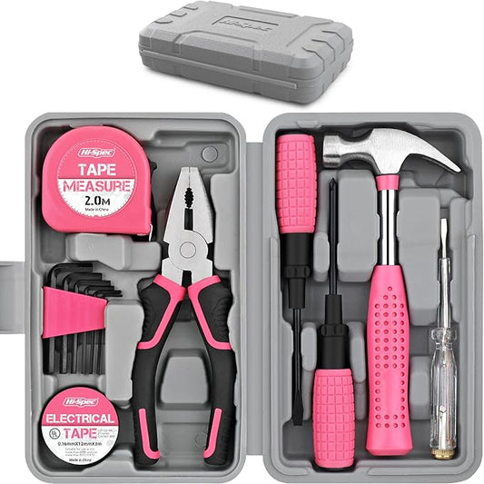 Hi-Spec 13pc Pink Small Compact Womens Ladies Hand Mini Tool Kit Set for Home & Office DIY. Household Basic Repairs in a Portable Toolbox Case