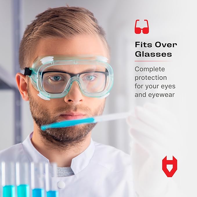 NoCry Protective Safety Lab Goggles Over Glasses with Anti-Fog Coating, Clear Scratch-Resistant Lenses, 100% UV Protection, Universal Fit, Vented, ANSI Z87.1 Rated Safety Goggles for Men and Women