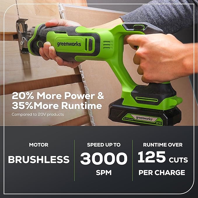 Greenworks 24V 4pcs Brushless Power Tool Combo Kit, 530 in-lbs 1/2" Drill Driver, 1950 in-lbs 1/4" Impact Driver,3000 SPM Reciprocating Saw,200 lumens Flashlight,2 * 2Ah Battery and Fast Charger