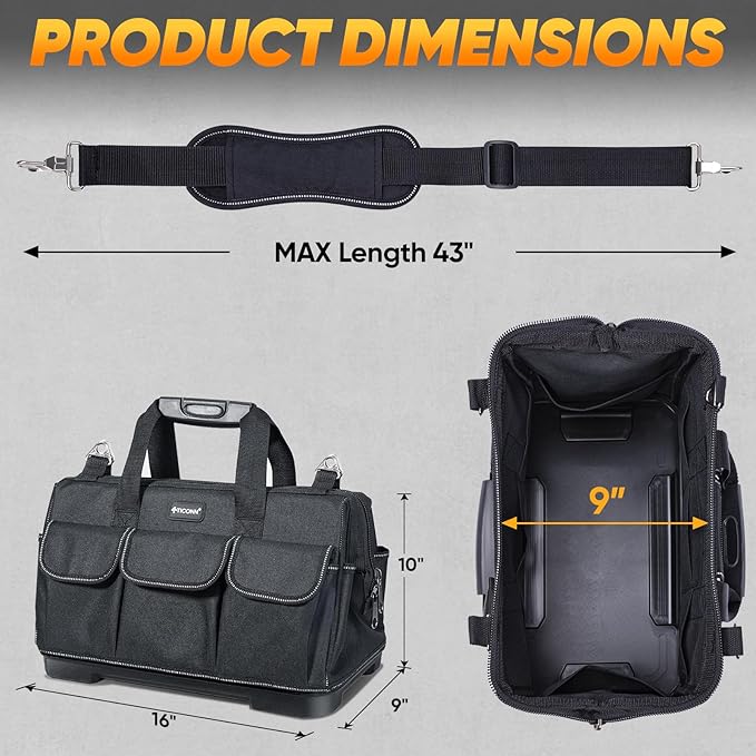 TICONN Heavy Duty Tool Bag with Multi-Pockets, Portable Tool Box Organizer Storage Bag, with Adjustable Shoulder Strap and Ergonomic Handle (Black, 16" Molded Base)