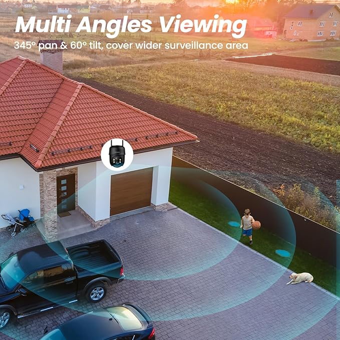 2K Cameras for Home Security-2.4G WiFi Outdoor Camera Wireless Solar/Battery Powered, 360° Viewing, Human Detection, Color Night Vision, Cloud/SD Storage B6 (B6-Black-1pack-2.4G)