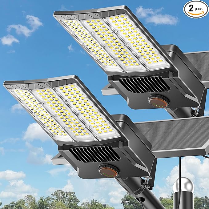 Deepn Solar Street Lights Outdoor, Commercial Parking Lot Light 10000W with Motion Sensor IP67 Waterproof Aluminum Solar Lights Outdoor Heavy Duty 7000K LED Security Flood Light for Street, 2 Pack