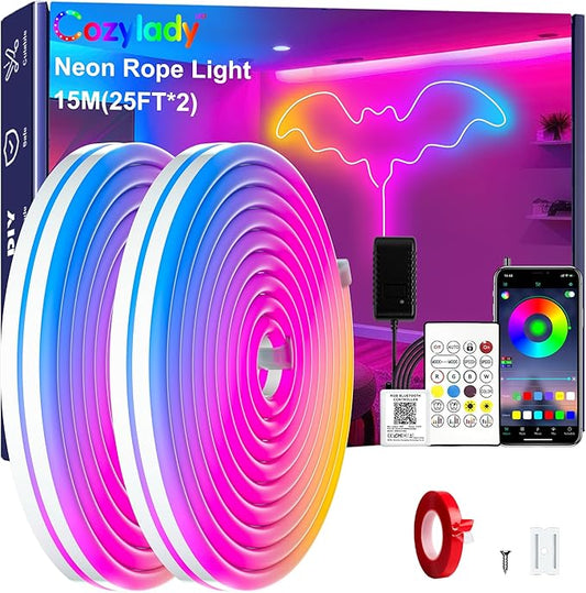 Cozylady RGB Neon LED Rope Lights, Waterproof Bluetooth APP Remote Control Music Sync Strip Lights, 24V Flexible DIY Silicone Light for Bedroom Home Indoor Outdoor Decor (15M/50Ft)