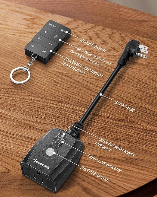 DEWENWILS Dusk to Dawn Dimmer Plug, 100FT Conrtrol Range Dimmable Timer, Compatible with Dimmable LED/Tungsten Bulbs, Waterproof Outdoor Dimmer for String Lights, Christmas Lights, FCC Certified