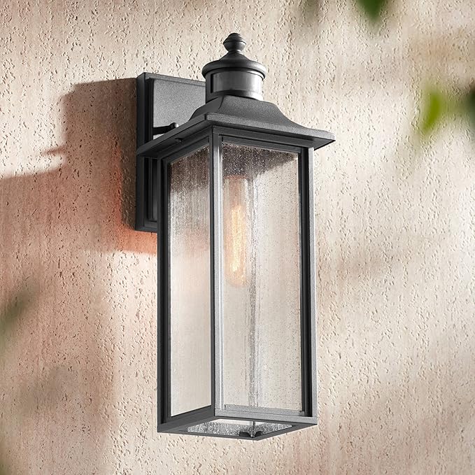 John Timberland Moray Bay Mission Outdoor Wall Light Fixtures Set of 2 Black Metal Motion Sensor 16 1/2" Seeded Glass Panels for Post Exterior Barn Deck House Porch Patio Garage Front Door