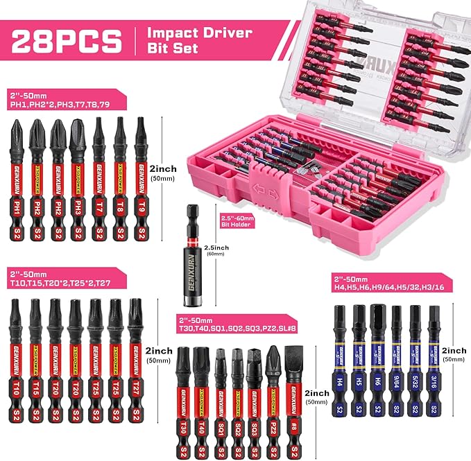 28Pieces Impact Screwdriver Bits Set, Magnetic S2 Steel Phillips/Slotted/Square/Torx Insert Power Bits Tips, Impact Bit Holder with Pink Storage Box Case