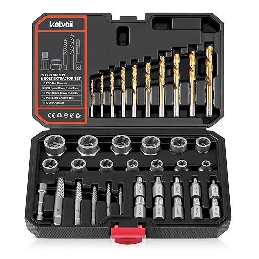Kolvoii Screw Extractor Set & Bolt Extractor Kit, Left Hand Drill Bit Set, 39 Pcs Multi-Spline Bolt Remover Tools, for Removing Broken, Stripped Bolts, Screws, 35#CR-MO 6542/4341 HSS Steel Cobalt