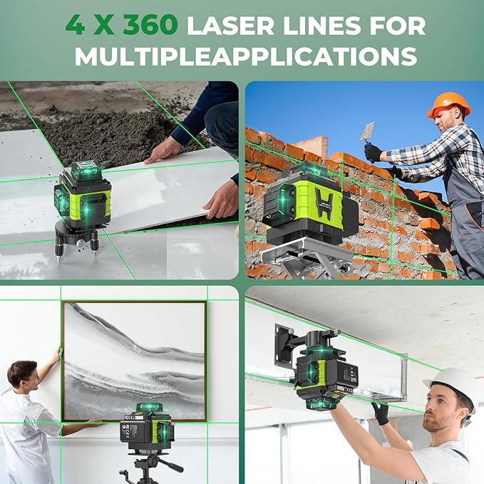 16 Line Laser Level 360 Self Leveling, 4x360°Professional 4D Green Cross Line laser Level with 2 Batteries, Adjustable Brightness & Remote Control, for Tiling Floor Construction and Picture Hanging