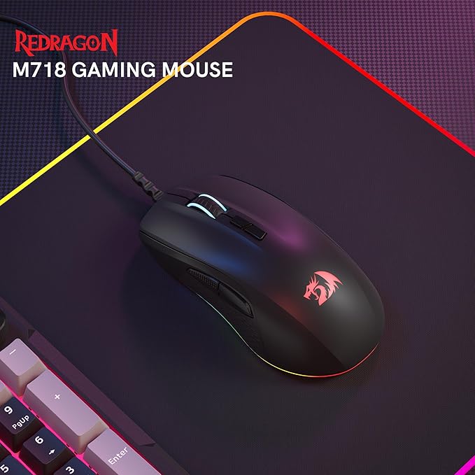 Redragon Wired Gaming Mouse, Black PC Gaming Mice with RGB Backlits, 7 Programmable Macro Buttons, Max 12800 DPI, 1000Hz Polling Rate, Cool Corded Optical Mouse for Computer/PC/Laptop/Gamer, M718-AIR