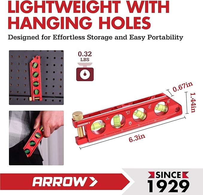 ARROW 6.3-Inch Torpedo Level, Magnetic Leveler with 0°/30°/45°/90° Bubbles, Top-view Windows, Aluminium Alloy Frame, Dual Metric and SAE Scales