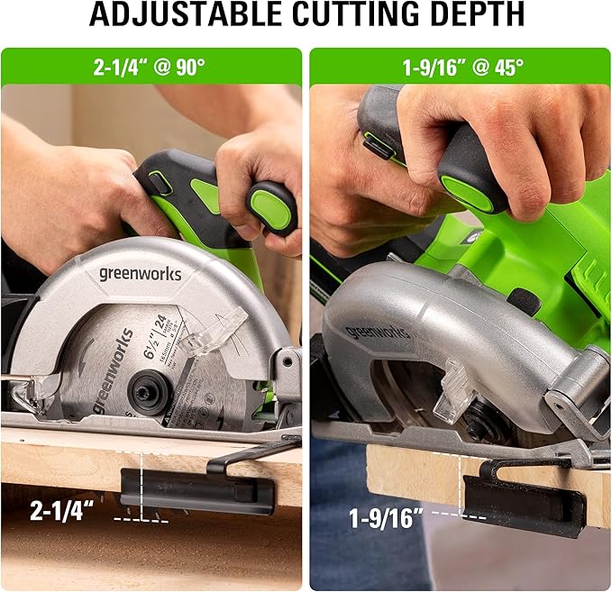 Greenworks 24V Brushless 6-1/2" Circular Saw, 4,800 RPM, Adjustable Cutting Depth 45°/90°, Tool Only