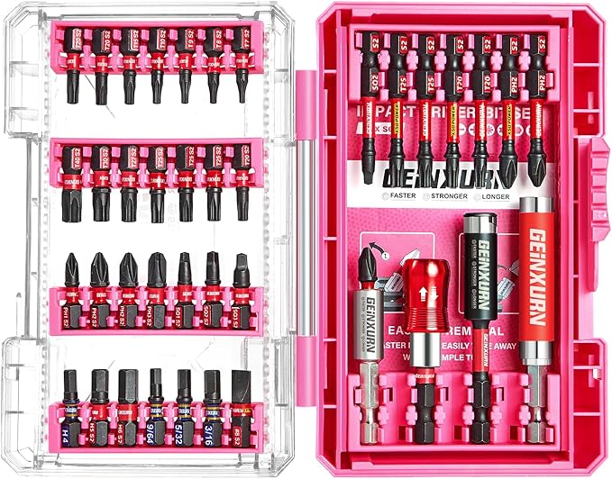40Pieces Impact Screwdriver Bits Set, Magnetic S2 Steel Phillips/Slotted/Square/Torx Insert Power Bits Tips, Impact Bit Holder with Pink Storage Box Case