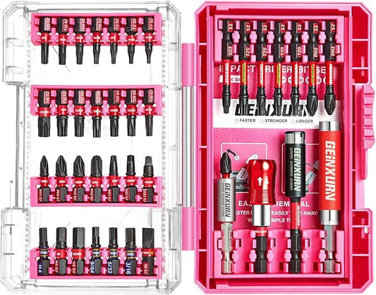 40Pieces Impact Screwdriver Bits Set, Magnetic S2 Steel Phillips/Slotted/Square/Torx Insert Power Bits Tips, Impact Bit Holder with Pink Storage Box Case