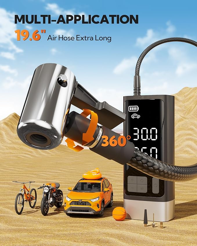 Portable Tire Inflator with Dual-Cylinder, 5 x Fast Inflation Car Air Compressor with Memory Function, 150PSI Cordless Tire Inflator Rechargeable with Battery,12V DC for Pickup Car, Moto, Bikes, Balls