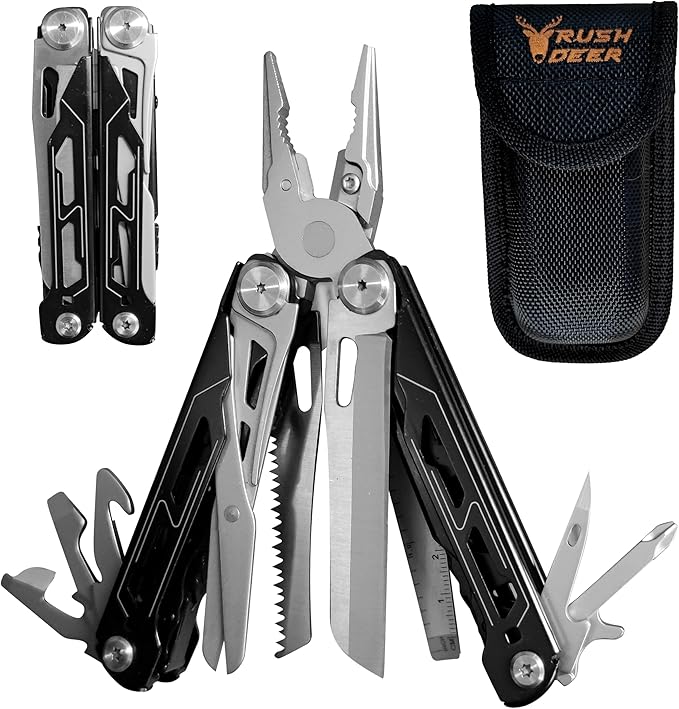 RUSH DEER Multi-Tool 18-in-1 Essential Survival Tools and Multitools Plier- Gift for Men-Versatile Camping Tool Kit-ultimate versatile toolkit For DIY, Outdoor-Black