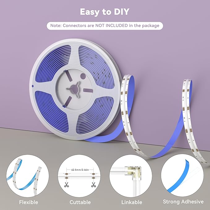 MIWISE RGB COB LED Strip Light 9.84ft/3m,Color Changing Dimmable Strip Light DC24V,Multicolor Flexible Tape Light 10mm Width,for TV,Bedroom,Party DIY Decoration(Power Supply & Controller NOT Included)