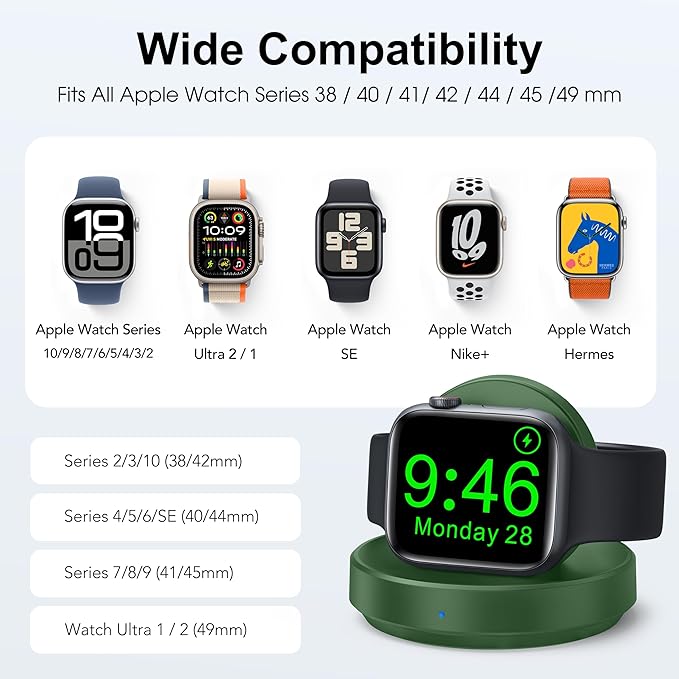 Portable Magnetic Charging Dock for Apple Watch, Wireless Fast Watch Charger Stand with Charging Cable, Support Nightstand Mode, Compatible with Apple Watch 10 9 8 7 SE 6 5 4 3 2/Ultra 2-Green