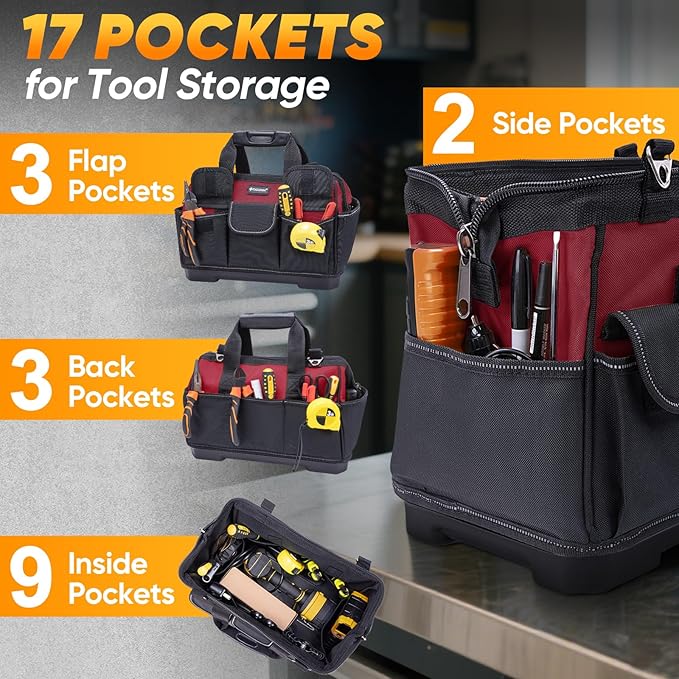 TICONN Heavy Duty Tool Bag with Multi-Pockets, Portable Tool Box Organizer Storage Bag, with Adjustable Shoulder Strap and Ergonomic Handle (Red, 14" Molded Base)