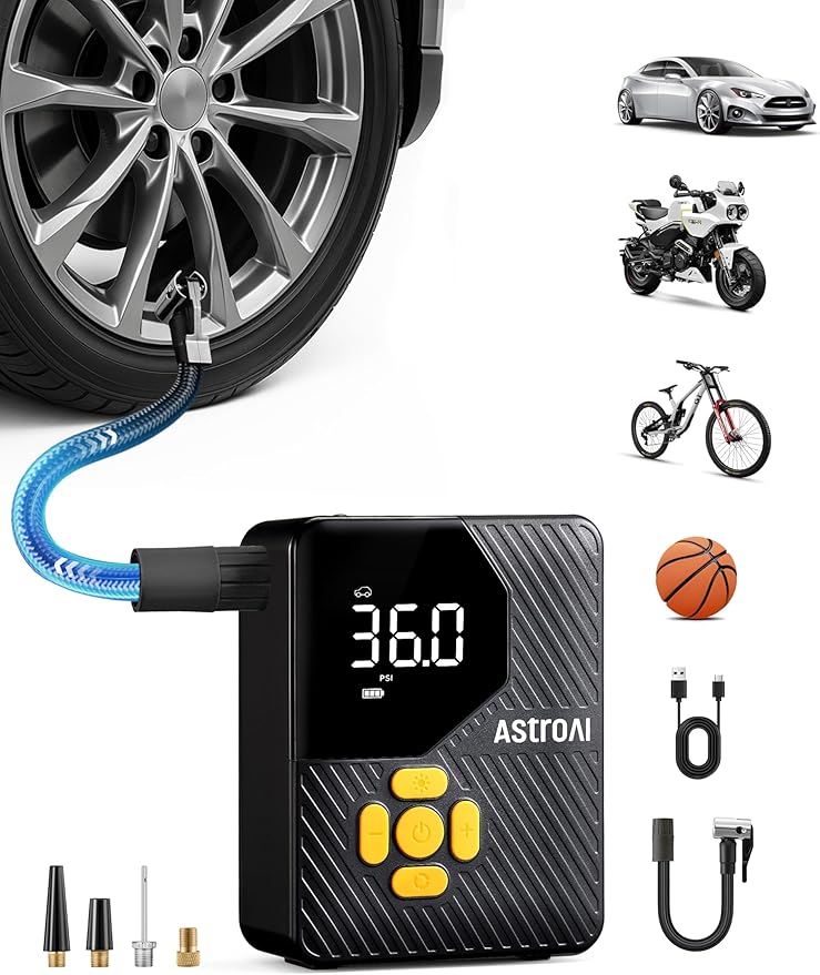 AstroAI L7 Mini Tire Inflator Portable Air Compressor,150 PSI Cordless Car Tires Air Pump with LED Lights&Pressure Gauge,Auto Shut-Off - Tire Pump for Auto,Motorcycle, Bicycle, Ball Yellow