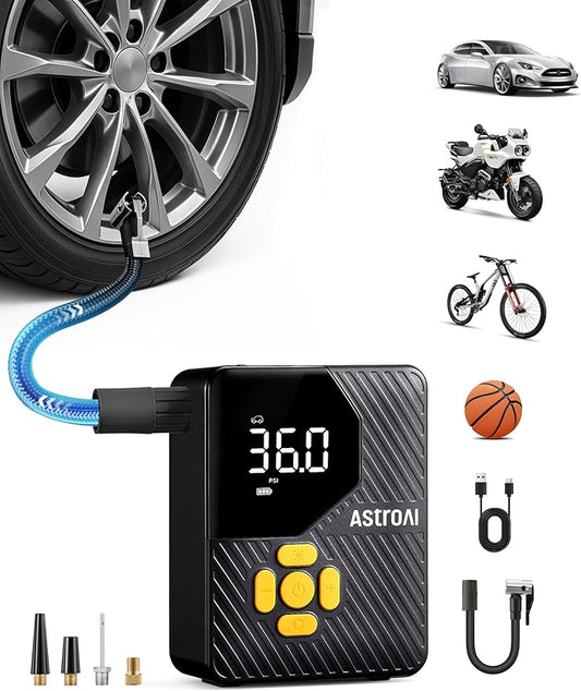 AstroAI L7 Mini Tire Inflator Portable Air Compressor,150 PSI Cordless Car Tires Air Pump with LED Lights&Pressure Gauge,Auto Shut-Off - Tire Pump for Auto,Motorcycle, Bicycle, Ball Yellow
