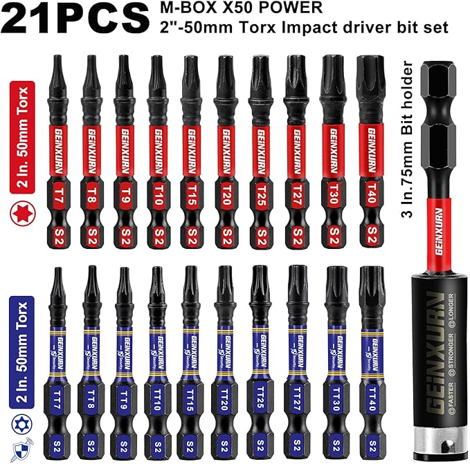 20Pieces 2 In. (T7-T40) Screwdriver Bit Set,Impact Magnetic Multi-Torx Head Bits, S2 Alloy Steel Security Star Bits with 1Pc Impact Bit Holder and Storage M-Box