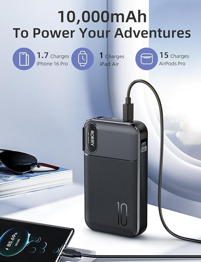 RORRY Portable Charger Built in Cables, AC Wall Plug In Portable Charger Power Bank 10000mAh Travel Battery Pack 22.5W Fast Charging for iPhone 16/15/14 Samsung Galaxy S24/S23/S22 Pixel LG iPad, Black