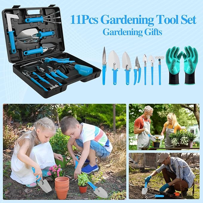 Gardening Tool Set, 11 Pieces Gardening Tools with Carrying Case, Garden Tool Kit for Digging Planting Pruning, Unique Gardening Set with Gloves for Women and Men (Blue)