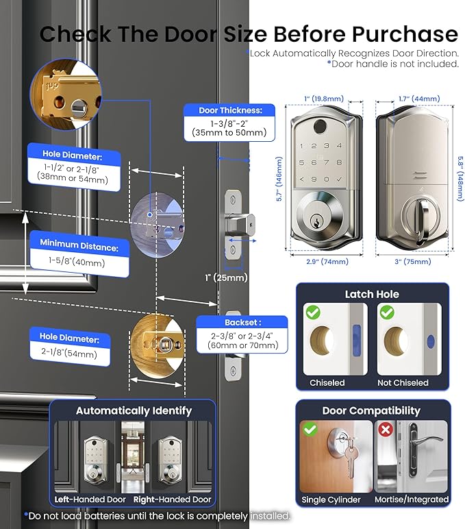 Veise VE017 Fingerprint Smart Door Lock, App Control, 7-in-1 Keyless Entry, Auto Lock, Emergency Power Port, Electronic Touchscreen Keypad, Biometric Smart Locks for Front Door, Satin Nickel
