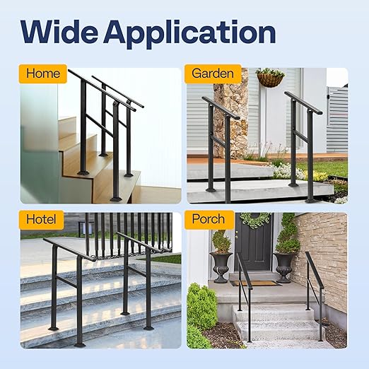 VIVOHOME 2-Pack 2 Step Hand Rails for Outdoor Steps, Galvanized Steel Railing, Black Oval Exterior Hand Railing for Porch, Deck, or Indoor Stairs, Railing Kit