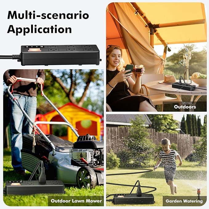 IPX6 Outdoor Power Strip Weatherproof, Waterproof Surge Protector with 6 Wide Outlet with 2A2C USB Ports, 15FT Long Extension Cord, Wall Mountable for Outside Decorations and More UL Listed(Black)