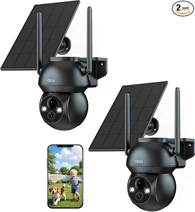 Xega 2 Pack Solar WiFi Camera Outdoor Wireless, 2K PTZ Security Camera with Rechargeable Battery, Color Night Vision, PIR Motion Detection, 2-Way Audio Spotlight & Siren, TF/Cloud Sttorage IP66