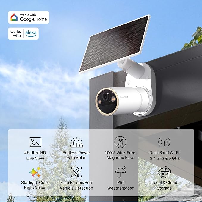 Tapo MagCam 4K Solar, 4K Ultra HD Outdoor Wireless Battery Camera w/Solar Panel – 24/7 Capture, Free Person/Vehicle Detection, Starlight Color Night Vision, Works w/Alexa & Google Home
