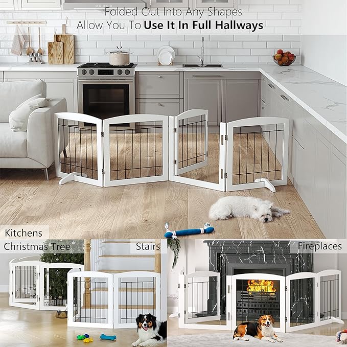 PAWLAND Free Standing Dog Gates for The House Stairs Doorways Indoor Foldable Wooden Small White Puppy Pet Gate Step Over Fence 60" W 24" H 3 Panels