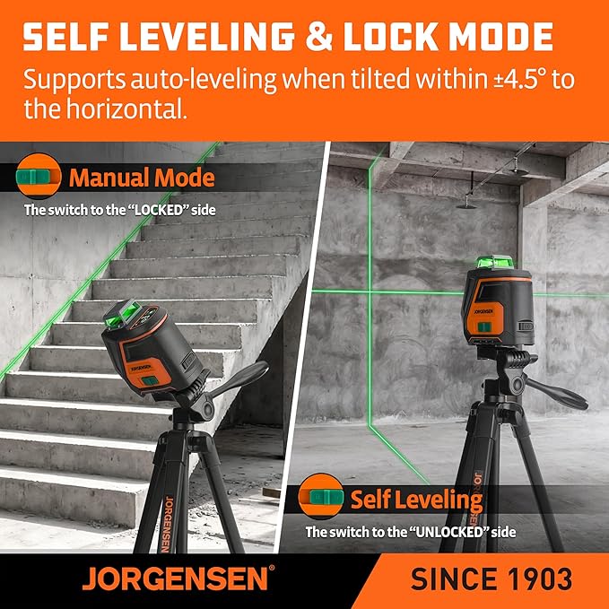 JORGENSEN 360° Laser Level with Tripod, 100 FT Rechargeable Self Leveling Cross Line Laser Leveler Tool with Magnetic Base, Wide Angle Green Laser Level for Picture Hanging, Floor Tile, Construction
