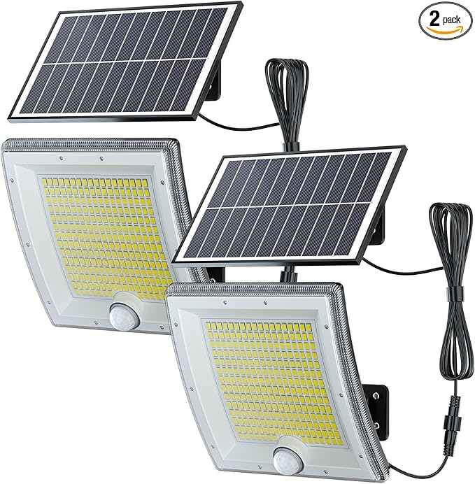 JACKYLED Solar Lights Outdoor Waterproof 80% Brighter Light, Motion Sensor Security Light with 16.4ft Cord, Dusk to Dawn Solar Powered Flood Lights for Patio, Yard, Garage, 2-Pack