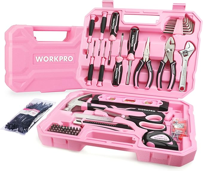 WORKPRO Pink Tool Set, 258 PCS Tool Kit for Women, Basic Household Tool Box with Hammer, Screwdriver Set, Portable Toolkit for Home Repair, New Apartment, House-Warming, DIY - Pink Ribbon