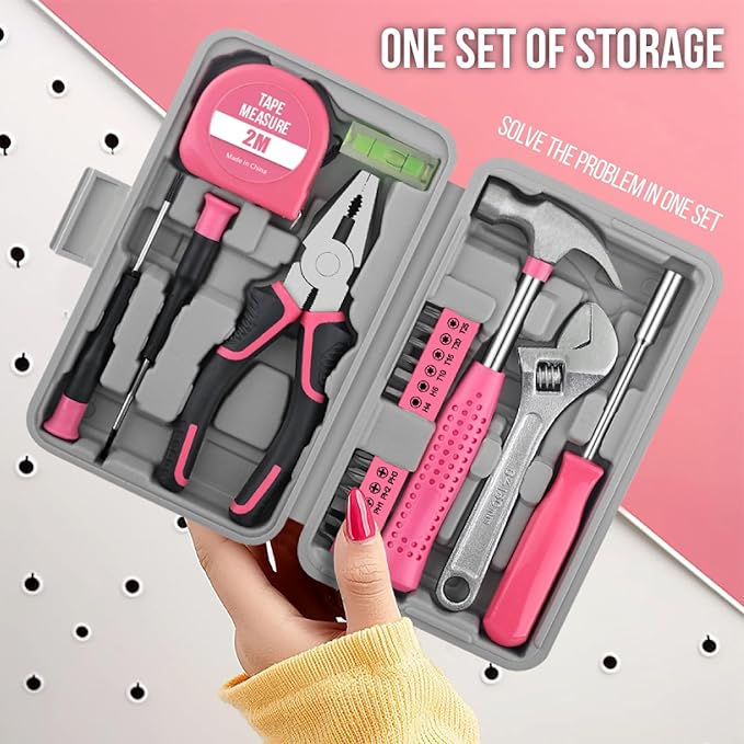 20 Pieces Home Tool Set, Basics Household Tool Kit with Small Mini Carrying Box for Men and Women DIY (Pink)