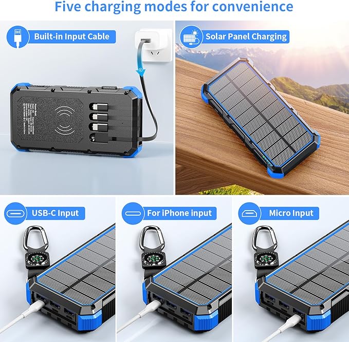 Solar Charger Power Bank 49800mAh Wireless Charger QC 3.0 Fast Charging Power Bank 8 Outputs 4 Inputs Solar Portable Charger Compatible with All Mobile Devices,SOS/Strobe/Strong Flashlights (Blue)