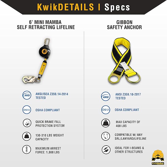 KwikSafety - 6' mini Mamba Self Retracting Lifeline [Combo] Class 1 Retractable Safety Lanyard SRL ANSI OSHA
