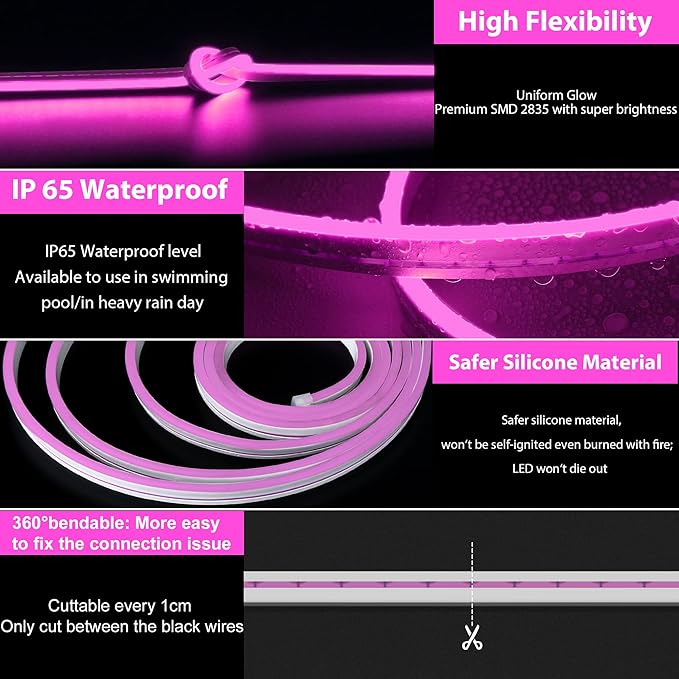 Lamomo LED Neon Flex, 16.4ft/5m Pink Neon Light Strip, 12V Flexible Waterproof Neon LED Strip, Silicone LED Neon Rope Light for Kitchen Bedroom Indoor Outdoor Decoration（Power Adapter no Included