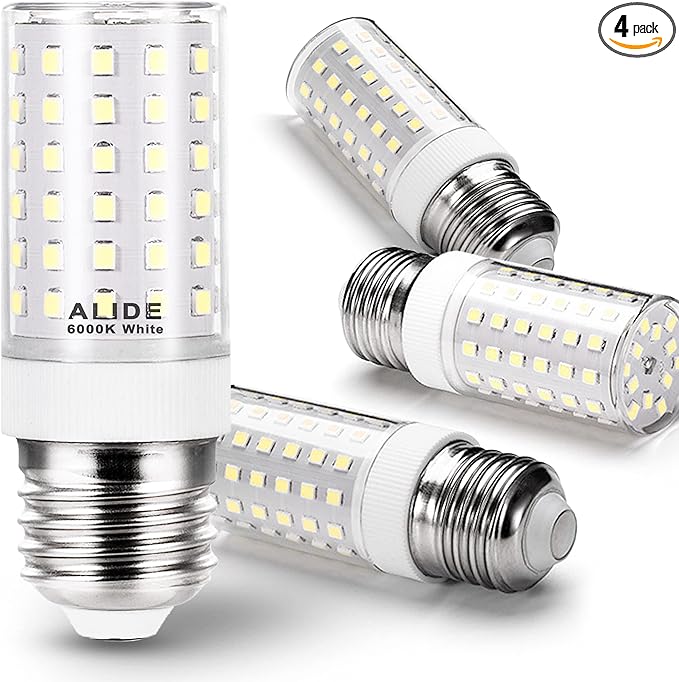 ALIDE E26 100W Replacement LED Candelabra Corn Bulbs,6000K Bright Daylight White,E26 E27 12W LED Light Bulbs 1200LM for Ceiling Fan Chandelier Pendant Lighting Refrigerator,Non-dimmable,4 Pack