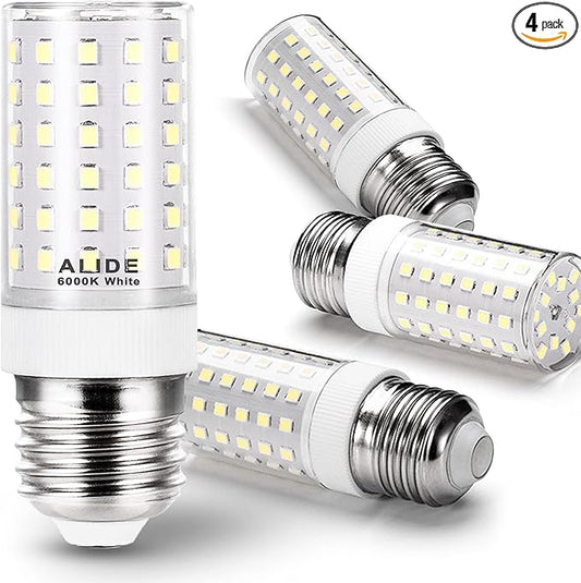 ALIDE E26 100W Replacement LED Candelabra Corn Bulbs,6000K Bright Daylight White,E26 E27 12W LED Light Bulbs 1200LM for Ceiling Fan Chandelier Pendant Lighting Refrigerator,Non-dimmable,4 Pack