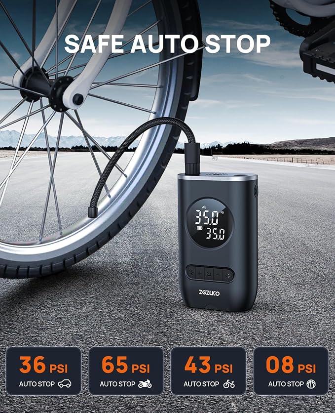 Tire Inflator Portable Air Compressor - ZGZUXO 150PSI Cordless Air Pump for Car Tires with Pressure Gauge LED Light, Electric Bike Tire Pump for Car Motorcycle Bicycle Ball, Auto Shut-Off