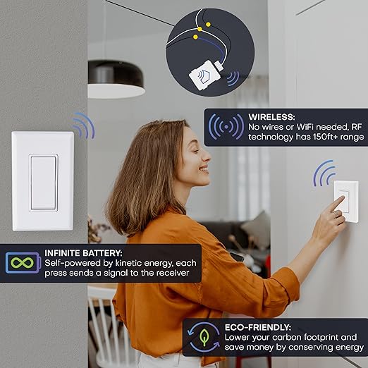 RunLessWire 3-Way Battery-Free DIY Wireless Light Switch Kit 150ft RF Range Self-Powered by Kinetic Energy for Hallways & Stairways: 2 Remote Switches Control 1 5A On/Off Receiver – Brown