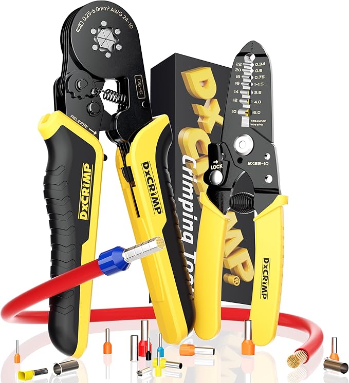 Crimping Tool For Ferrule Electrical Connectors - Ratcheting Wire Crimper for 24-10 AWG - Hexagon Ferrule Crimping Pliers - Crimping Pliers Set with Wire Strippers
