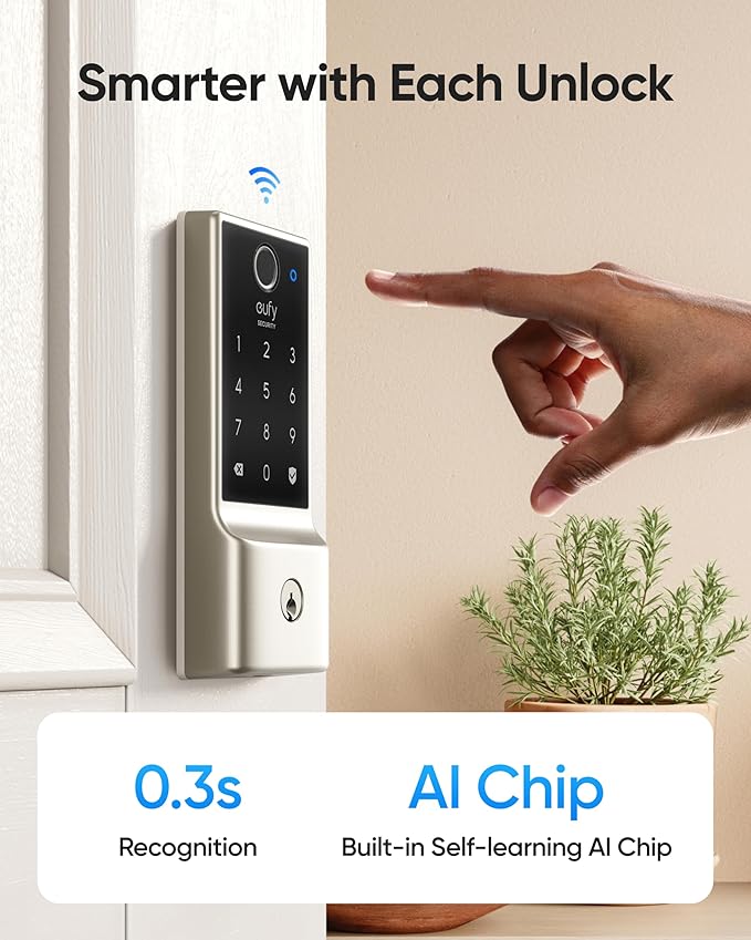 eufy Security Smart Lock C220, Fingerprint Keyless Entry Door Lock, Built-in Wi-Fi, App Remote Control, Front Door Smart Deadbolt, IP53 Waterproof, 8-Months Battery, Nickel