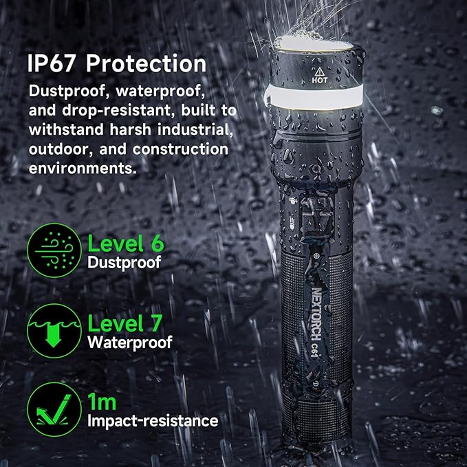 NEXTORCH C61 Rechargeable Flashlight, 3500 Lumen High Power LED Work Light with Wire Lanyard Ring Set, IP67 Magnetic Base Working Bidirectional Flashlight for Car Repair Camping Home Emergency Use