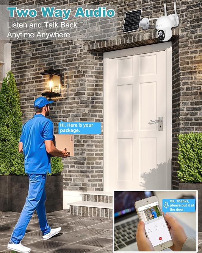 4MP Solar Camera Security Outdoor, PTZ Wireless Security Cameras, Wire-Free, Pan/Tilt/Zoom, PIR Detection, 2-Way Audio, IP66 Waterproof, Audible Flashlight Alarm,Two Ways of Storage